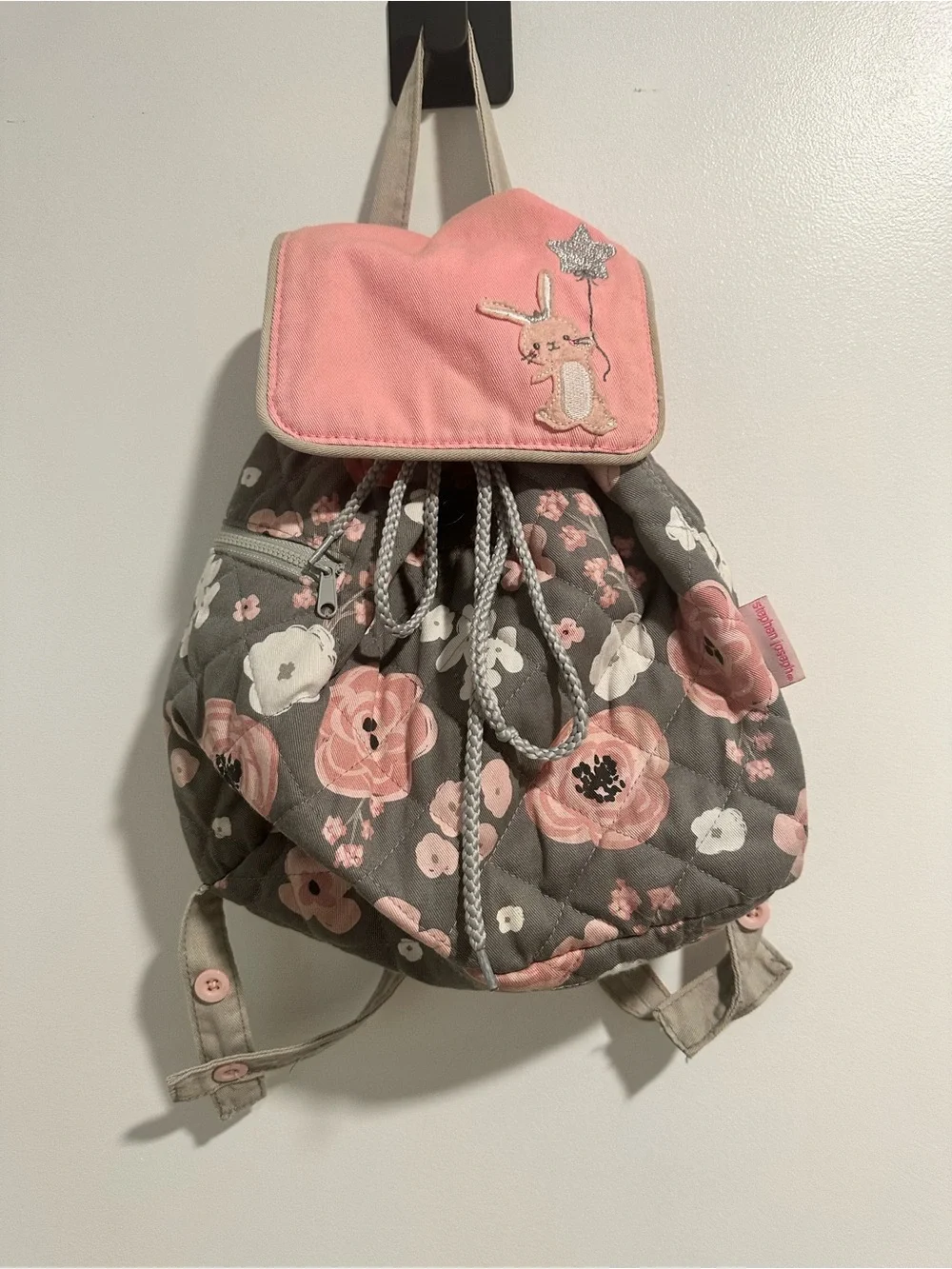 Girls Pink & Gray Quilted Floral Backpack with Bunny Patch